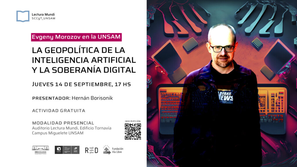 The poster inviting people to the event on the geopolitics of AI with Evgeny Morozov on 14 Sept. On the left is the written text. On the right is a picutre of Morozov wearing a t-shirt that says "Fake News".